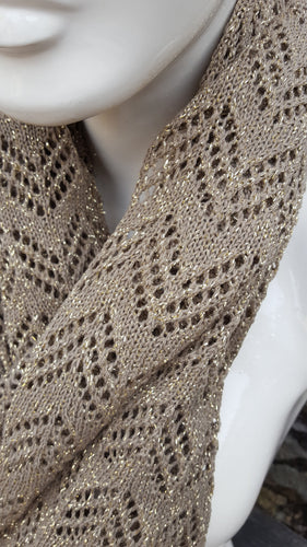 handmade lace knit infinty scarf, warm caramel and gold lurex coloured cowl.