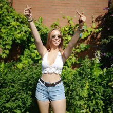 White cotton, crochet, festival, boho, rave halter top with pineapple stitch lace detail