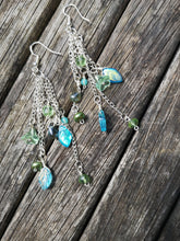 "Cascade earrings", long drop,  beaded  with crystals, flowers, leaves etc