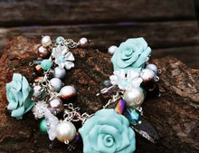 Sea Sprite: Handmade cluster charm Bracelet, with handmade polymer clay roses, 7.5 inches