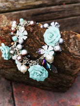 Sea Sprite: Handmade cluster charm Bracelet, with handmade polymer clay roses, 7.5 inches