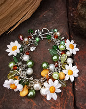 Daisy Chain, cluster charm bracelet with handmade polymer clay daises, 7.5 inches.