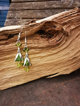 Fairy Dell, gorgeous silver plated  floral drop earrings, green glass beads and 925 silver earewires