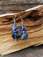 Rain Drops, gorgeous earrings with two toned blue nugget beads with crystals and charms on 925 silver earwires