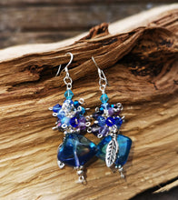Rain Drops, gorgeous earrings with two toned blue nugget beads with crystals and charms on 925 silver earwires