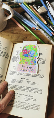 Magnetic bookmark, cosy up with a book, Jenny from the Cross-Stitch cats stories