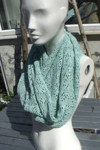 Handmade, lace knit infinity scarf, Cowl, pistachio green coloured