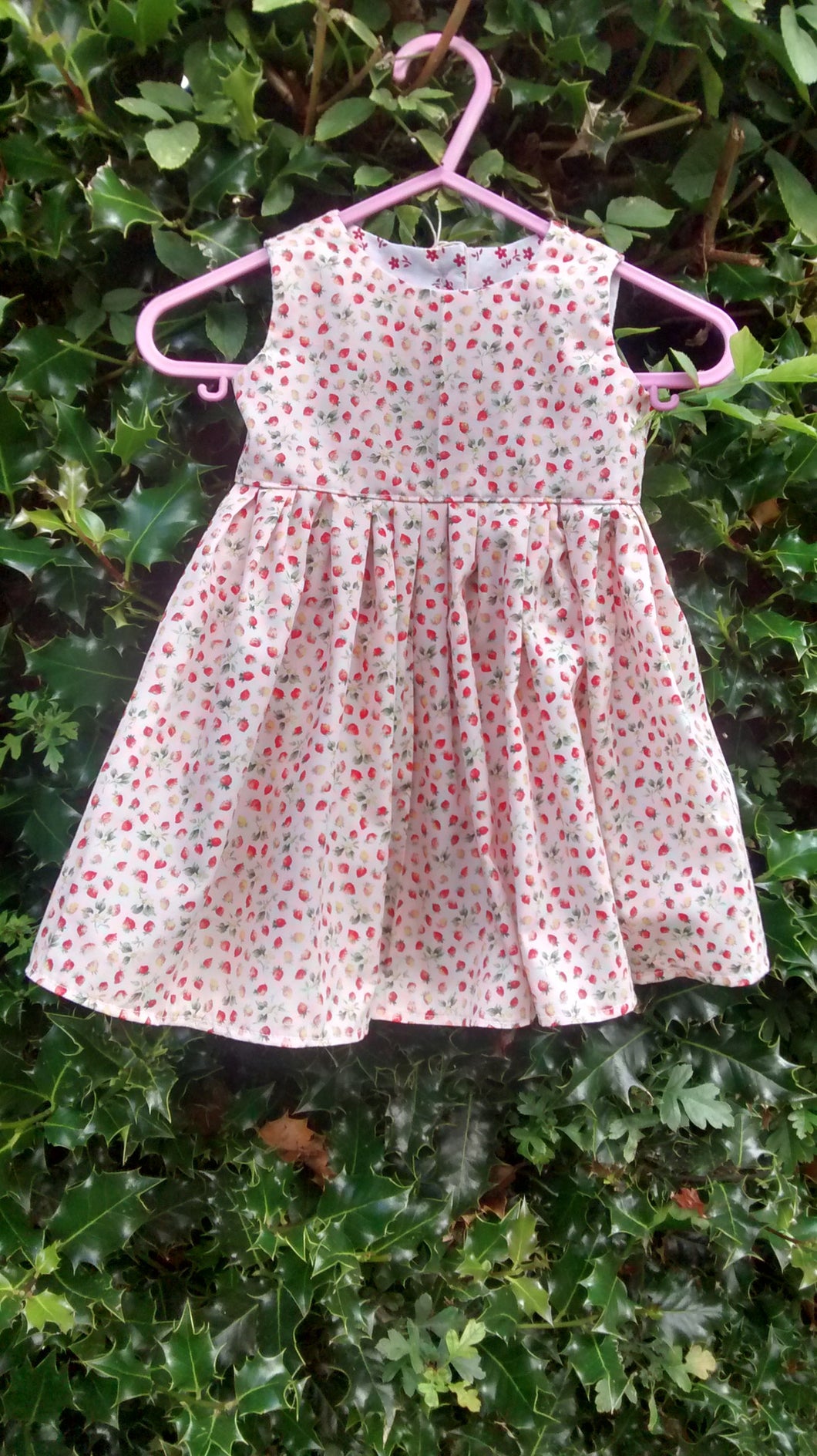 100% cotton strawberry print, baby girls, handmade dress, age approx 3 months