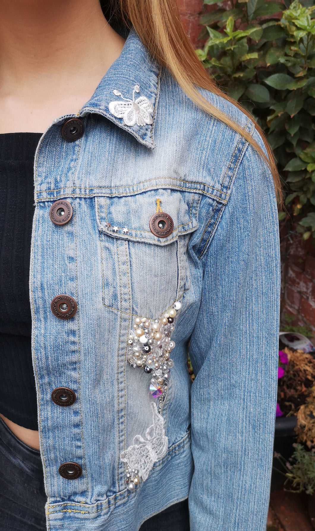 Denim jacket with lace and pearls sale