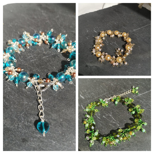 Cascade bracelets, clustered beaded hand wired chain,
