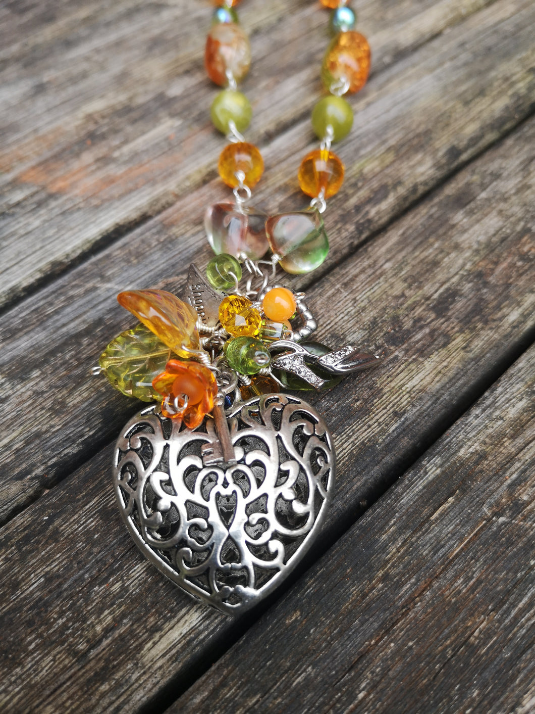 Autumn Heart, long beaded necklace