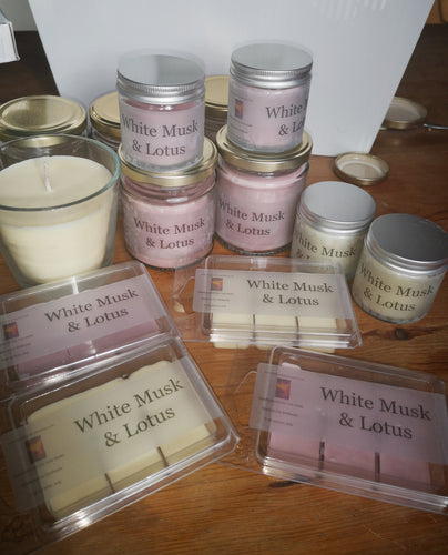 a range of white musk and lotus candles and melts