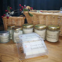 Green Tea & Lemon Balm, soy wax candles &  melts in various sizes.