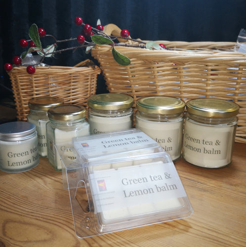 Green Tea & Lemon Balm, soy wax candles &  melts in various sizes.