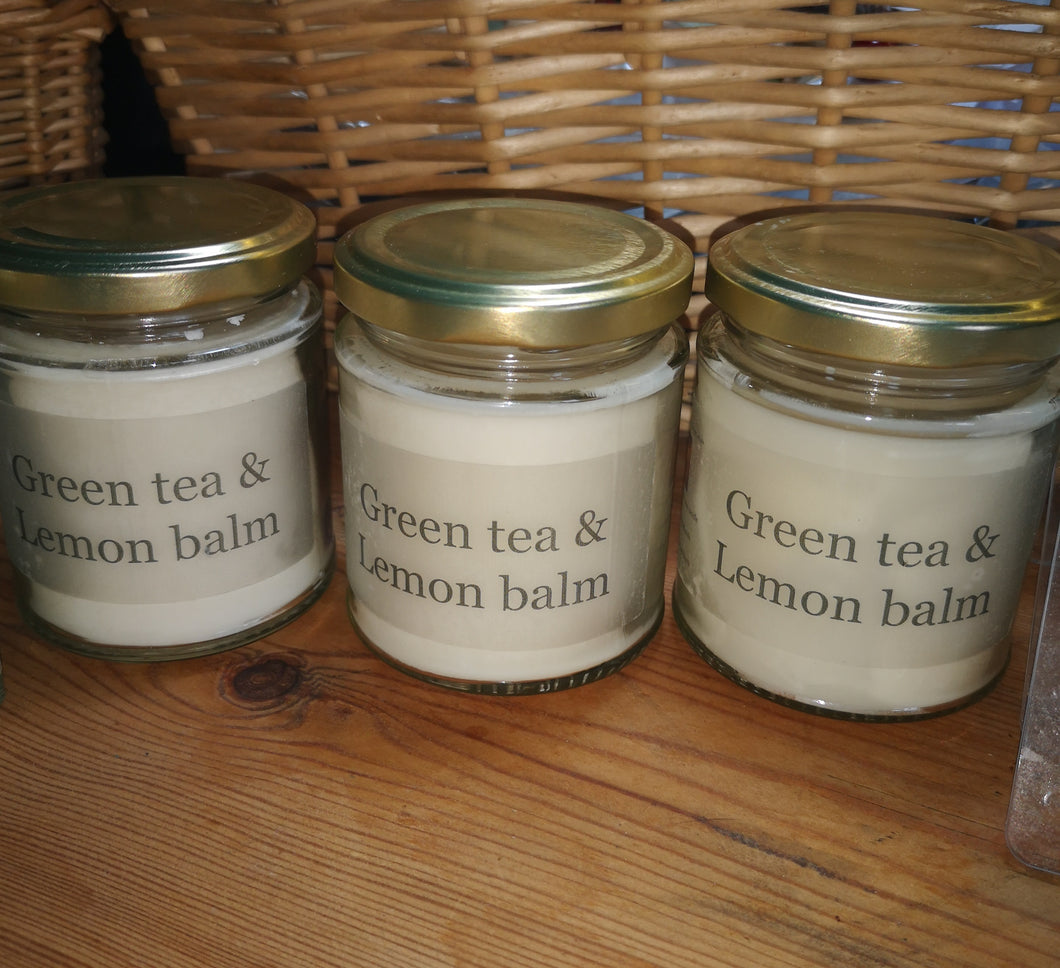 Green Tea & Lemon Balm, soy wax candles &  melts in various sizes.