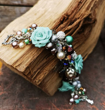 Sea Sprite: Handmade cluster charm Bracelet, with handmade polymer clay roses, 7.5 inches