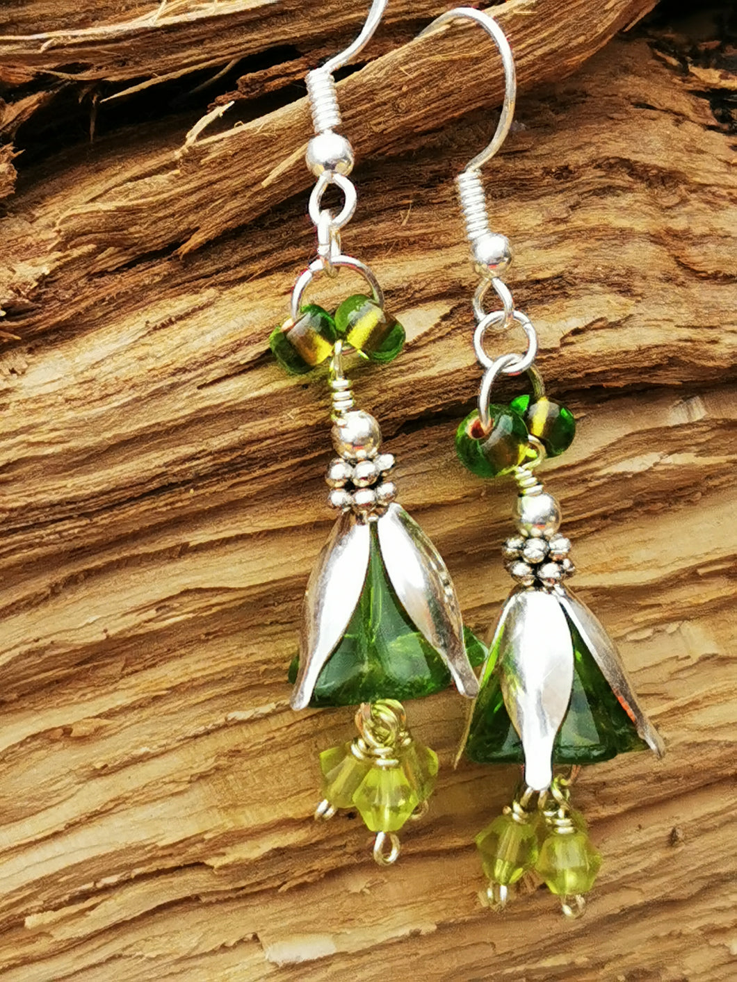 Fairy Dell, gorgeous silver plated  floral drop earrings, green glass beads and 925 silver earewires