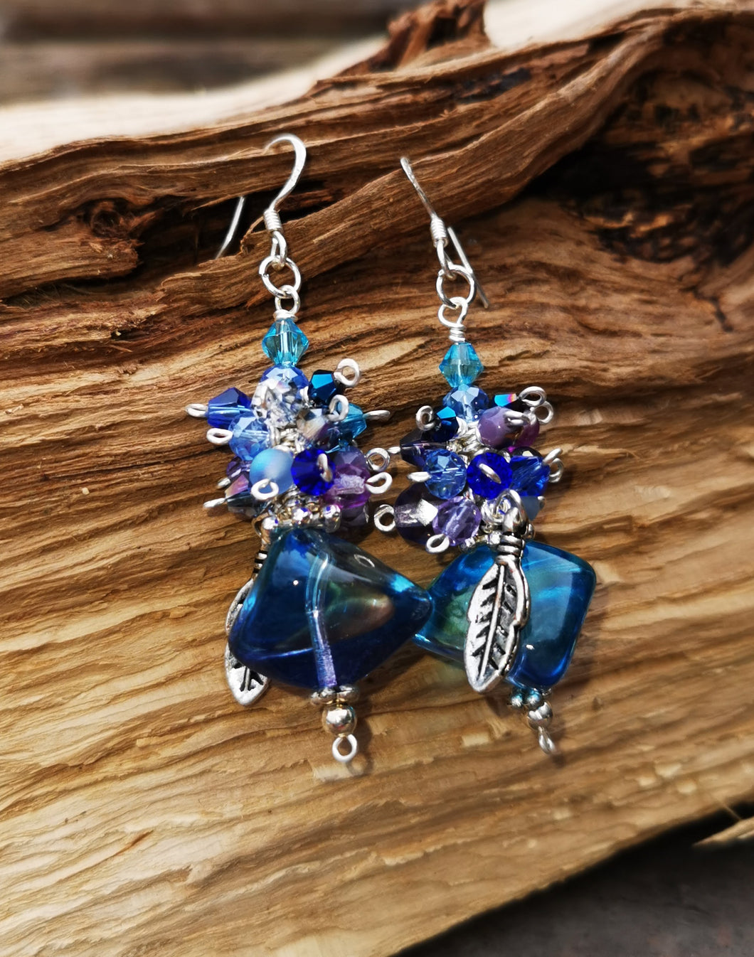 Rain Drops, gorgeous earrings with two toned blue nugget beads with crystals and charms on 925 silver earwires