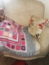 Hand crochet, throw, blanket, in glorious pinks and greys with hand made fringe