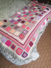 Hand crochet, throw, blanket, in glorious pinks and greys with hand made fringe