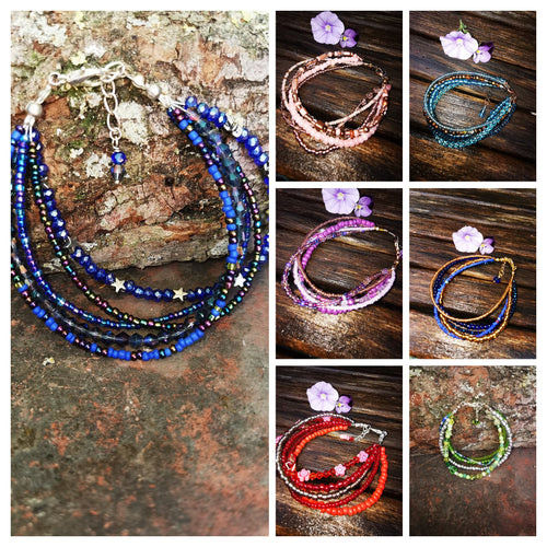 Starseed Bracelets, stranded bracelets, with glass beads crystals and Tibetan silver charms