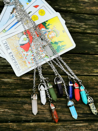 Genuine stone, crystal dowsing pendulum with silver plated charm . pendant, chain,necklace