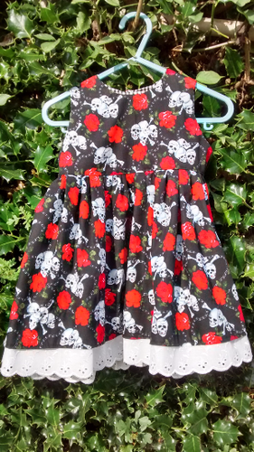 Handmade, Baby dress 100% cotton gothic skull print,  to fit from 6 to 9 months