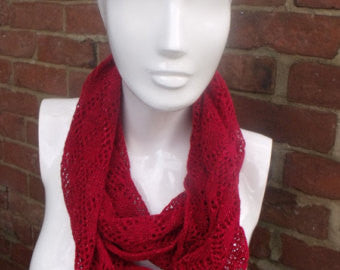 Handmade lace knit infinity scarf. Cowl,  Ruby Red & Lurex coloured