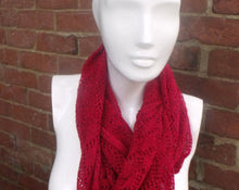 Handmade lace knit infinity scarf. Cowl,  Ruby Red & Lurex coloured